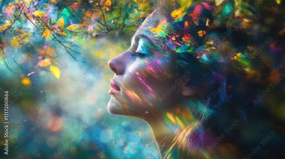 Woman's profile, face adorned with autumn leaves and vibrant light streaks, dreamy autumnal background. Woman's profile, face adorned with autumn leaves and vibrant light streaks, dreamy autumnal background.