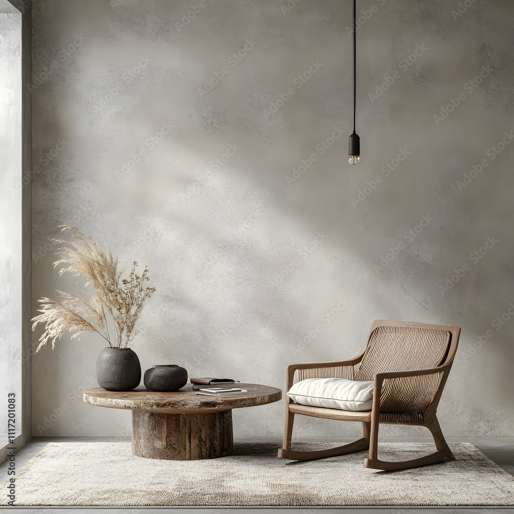 A room with a wooden coffee table and a chair. The chair is a rocking chair and the table has a vase on it. The room has a minimalist design with a lot of white walls A room with a wooden coffee table and a chair. The chair is a rocking chair and the table has a vase on it. The room has a minimalist design with a lot of white walls