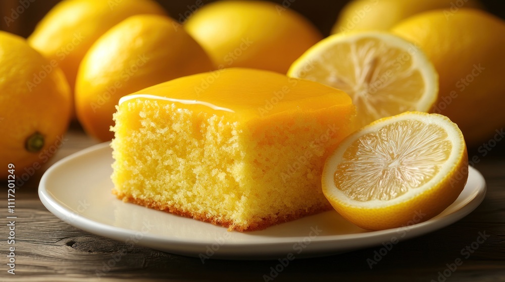 Lemon Cake with Lemon Slices on a White Plate Lemon Cake with Lemon Slices on a White Plate