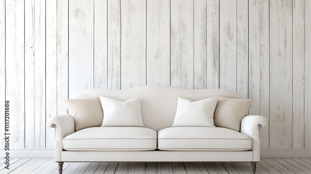 White sofa with beige pillows against a whitewashed wood wall. White sofa with beige pillows against a whitewashed wood wall.
