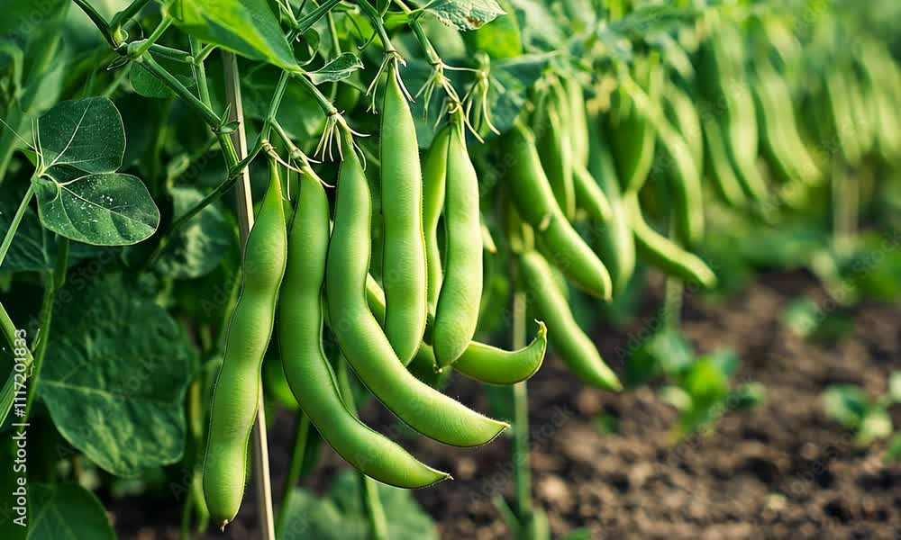Close-up of fresh green broad beans growing on a plant in a garden. Close-up of fresh green broad beans growing on a plant in a garden.