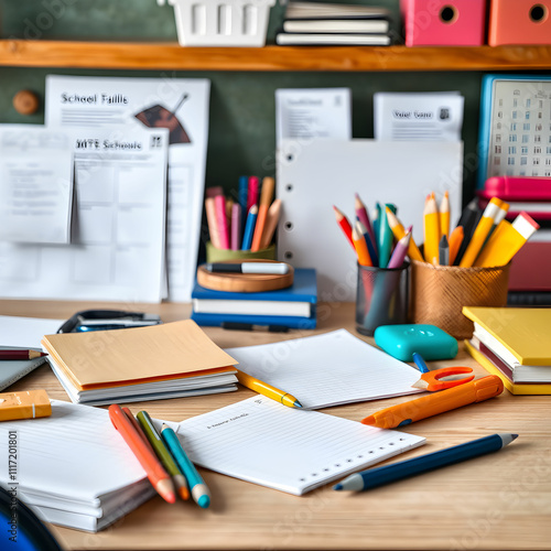 View of school supplies on desk