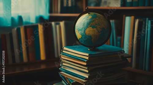 A close-up of a stack of colorful textbooks and a globe placed on the teacher s desk in the front of the classroom. photo