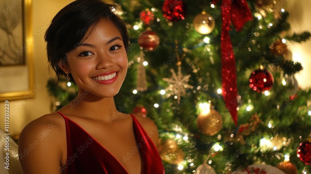 Smiling young woman in red dress near a decorated Christmas tree. Smiling young woman in red dress near a decorated Christmas tree.