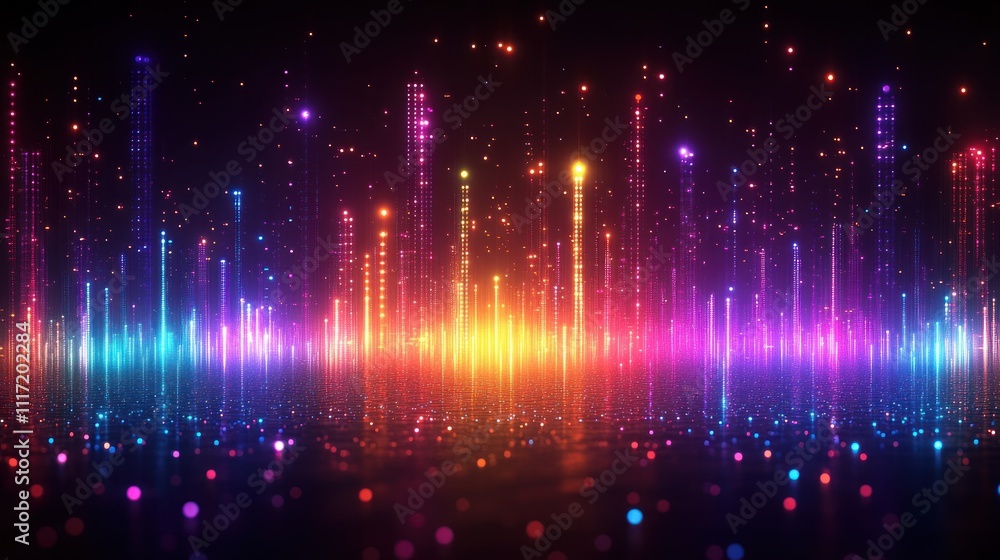 Vibrant neon light columns and particles form an abstract cityscape at night. Vibrant neon light columns and particles form an abstract cityscape at night.