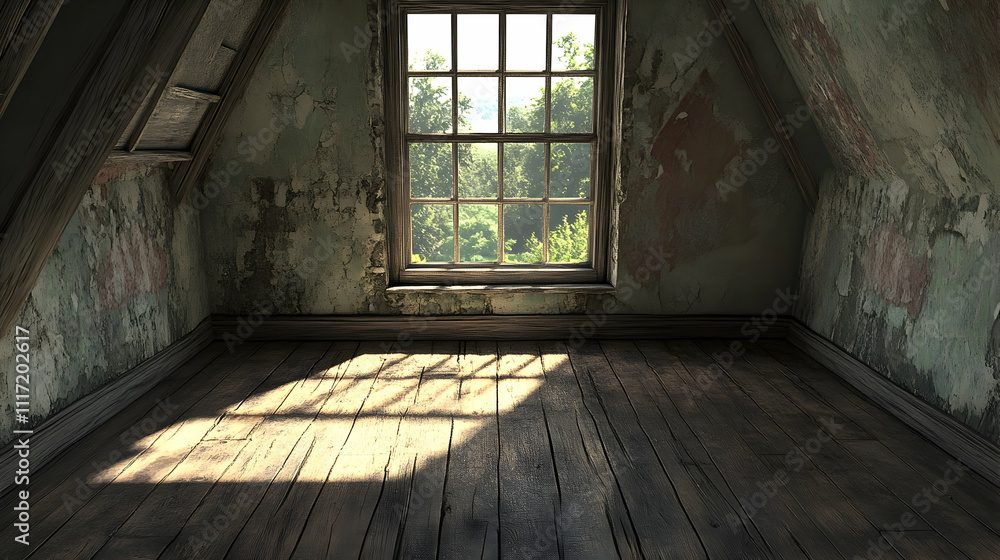 Sunlit attic room with decaying walls, wooden floor, and window view. Sunlit attic room with decaying walls, wooden floor, and window view.