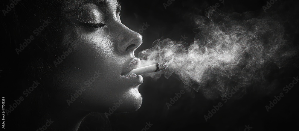 Woman smoking cigarette, monochrome profile, smoke plumes. Woman smoking cigarette, monochrome profile, smoke plumes.