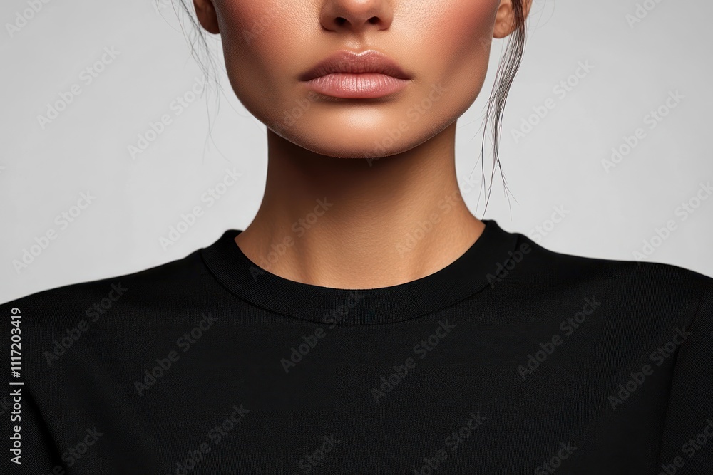 Close-up of a woman's face and neck wearing a black shirt against a gray background. Close-up of a woman's face and neck wearing a black shirt against a gray background.