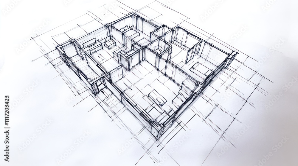 Architectural sketch of a house plan showing rooms, walls, and doors. Architectural sketch of a house plan showing rooms, walls, and doors.
