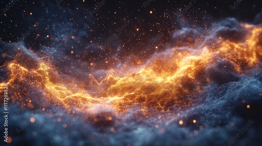 Abstract fiery energy wave flowing through dark smoky clouds with glowing particles. Abstract fiery energy wave flowing through dark smoky clouds with glowing particles.