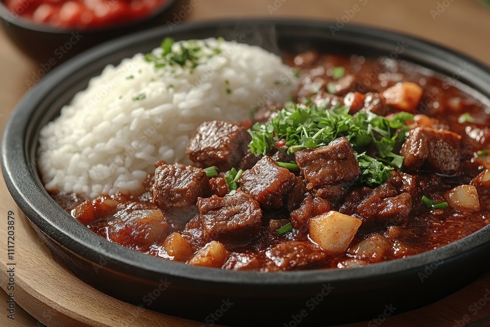 Steaming beef stew with rice in a black dish. Steaming beef stew with rice in a black dish.