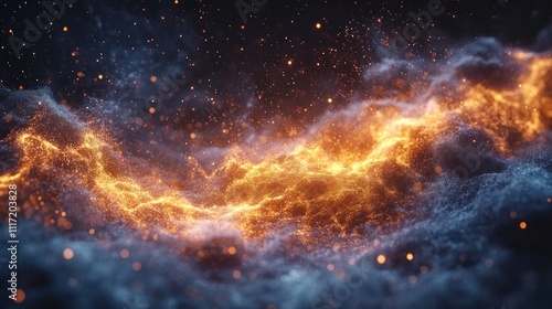 Abstract fiery energy wave flowing through dark smoky clouds with glowing particles.