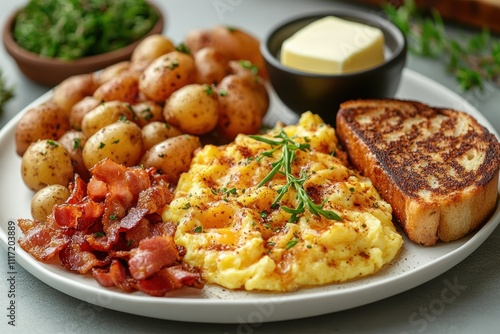 Scrumptious breakfast plate featuring scrambled eggs, crispy bacon, roasted potatoes, and toasted bread.