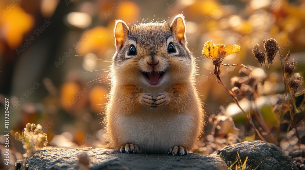 Happy chipmunk sitting on a rock in autumn. Happy chipmunk sitting on a rock in autumn.