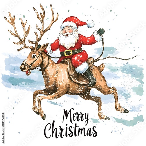 Santa Riding a Reindeer Watercolor Illustration with Merry Christmas Text