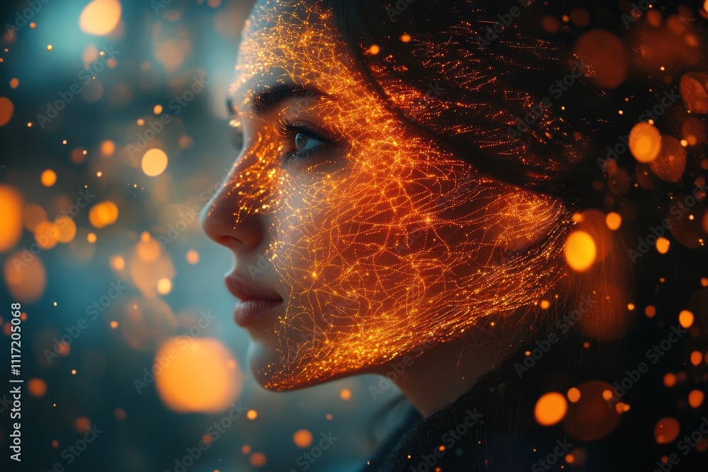 Woman's face with fiery, glowing energy lines and bokeh background. Woman's face with fiery, glowing energy lines and bokeh background.