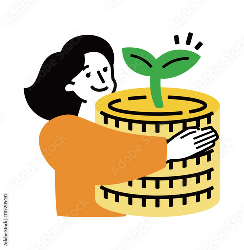 重い未来に備えて：若い女性のお金が増える・育てる貯金・貯蓄・投資イラスト