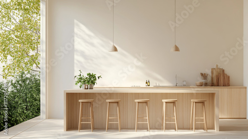 A modern kitchen featuring wooden island with stools, surrounded by natural light and greenery. minimalist design creates serene atmosphere, perfect for cooking and gathering