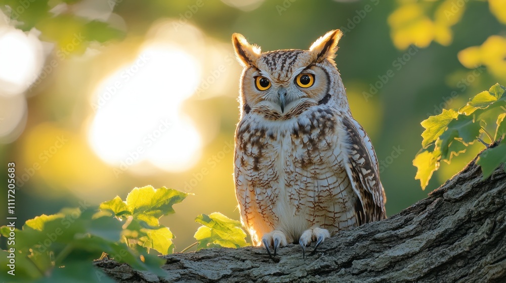 Majestic owl perched on tree branch, backlit by golden sunlight. Majestic owl perched on tree branch, backlit by golden sunlight.
