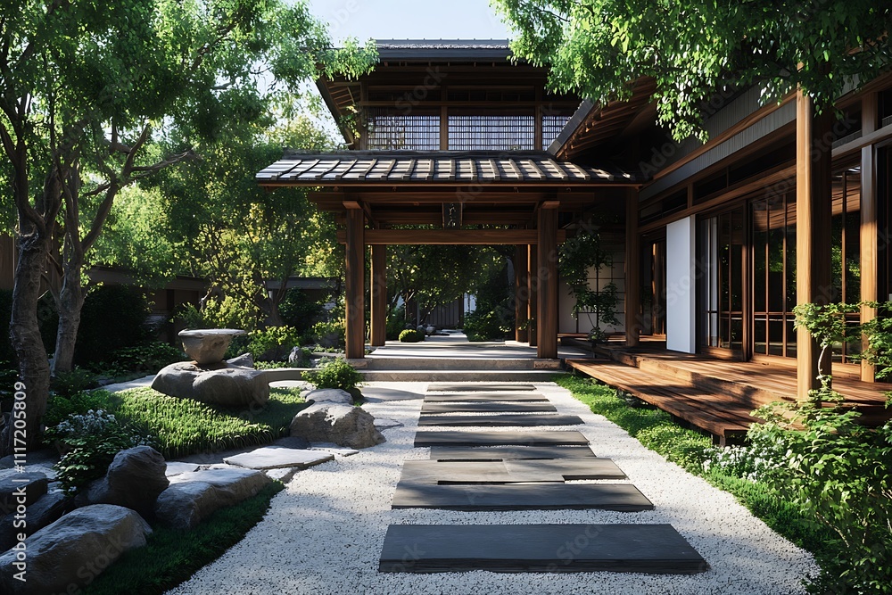 Serene Japanese Garden House Entrance Pathway Serene Japanese Garden House Entrance Pathway