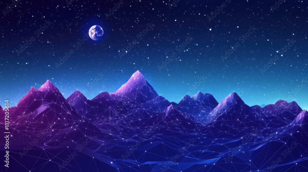 Obraz premium Celestial mountain landscape outer space digital art starry night panoramic view cosmic beauty