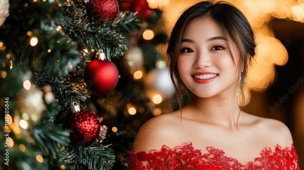 Smiling young woman in red dress near Christmas tree. Smiling young woman in red dress near Christmas tree.