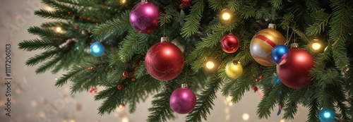 Decorated evergreen branch with colorful ornaments and lights, snowflakes, spruce