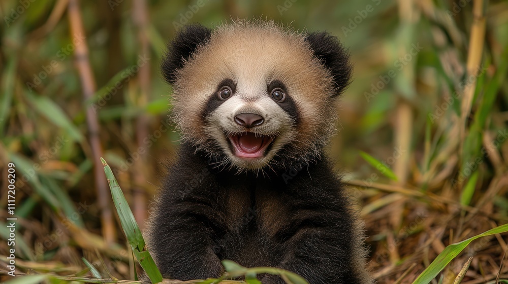 Adorable red panda cub with open mouth smiling in bamboo forest. Adorable red panda cub with open mouth smiling in bamboo forest.