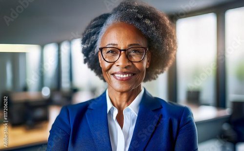 A black american woman wearing a blue suit and glasses. She is smiling photo