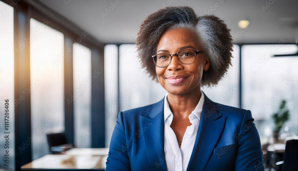 Fototapeta premium A black american woman wearing a blue suit and glasses. She is smiling
