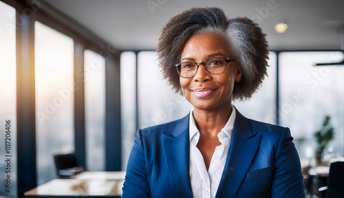 A black american woman wearing a blue suit and glasses. She is smiling