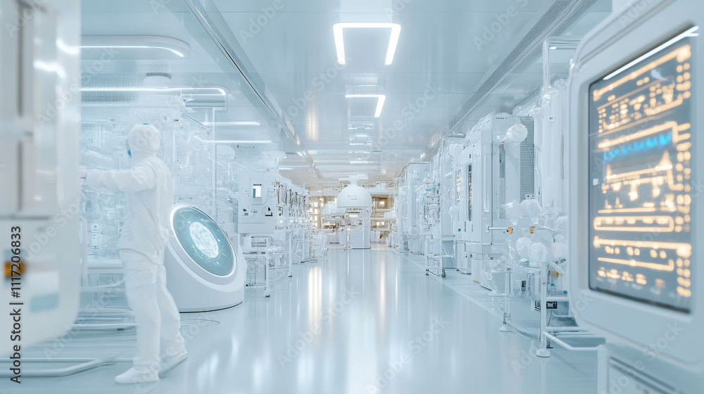 A futuristic laboratory filled with advanced medical equipment and technology, showcasing sterile environment. bright, white space emphasizes innovation and precision in healthcare A futuristic laboratory filled with advanced medical equipment and technology, showcasing sterile environment. bright, white space emphasizes innovation and precision in healthcare