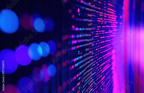 Abstract representation of purple and blue glowing lights in a dynamic pattern, creating a mesmerizing visual experience showcasing the beauty of light and technology photo