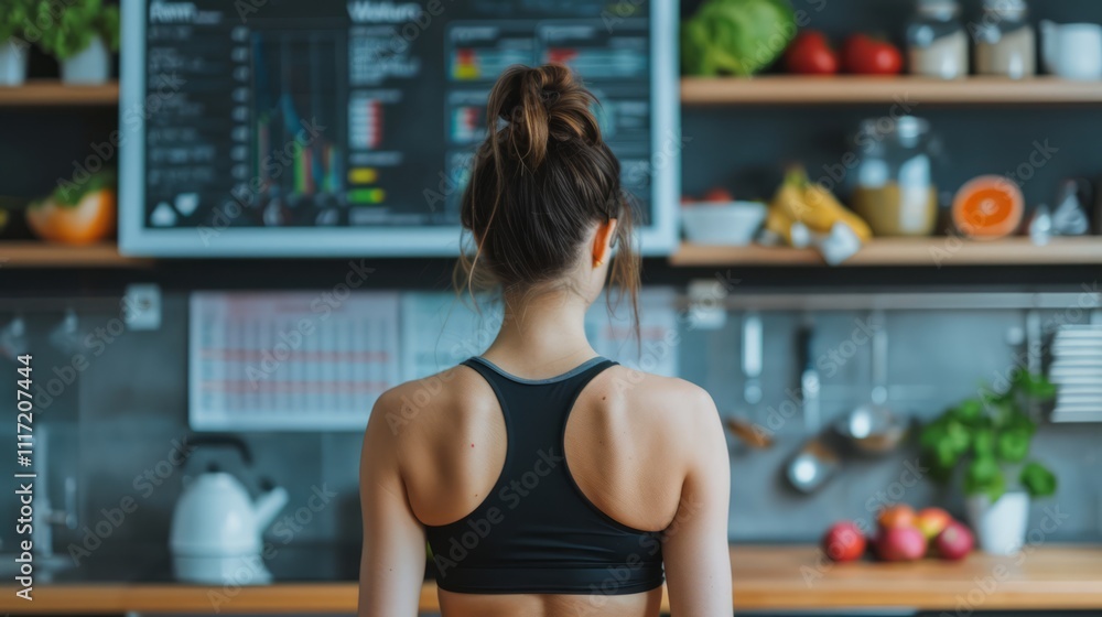 Young Woman in Sportswear Observing Digital Display in Modern Kitchen Surrounded by Fresh Produce and Healthy Ingredients Young Woman in Sportswear Observing Digital Display in Modern Kitchen Surrounded by Fresh Produce and Healthy Ingredients