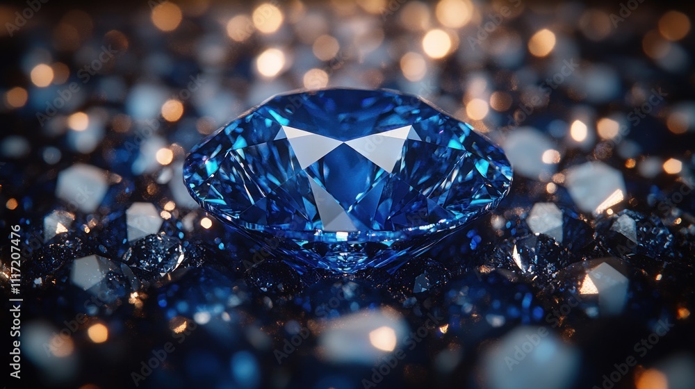 Sparkling blue gemstone on a bed of smaller gems with bokeh lights. Sparkling blue gemstone on a bed of smaller gems with bokeh lights.