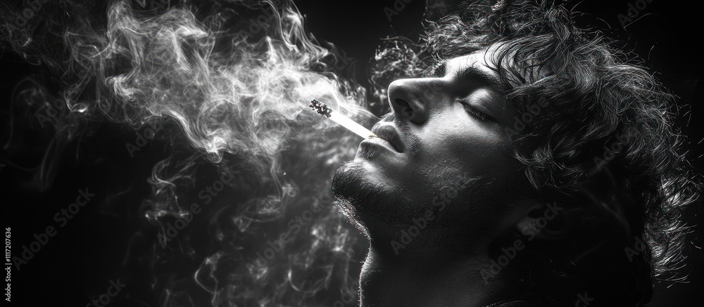 Man exhales smoke in black and white. Man exhales smoke in black and white.