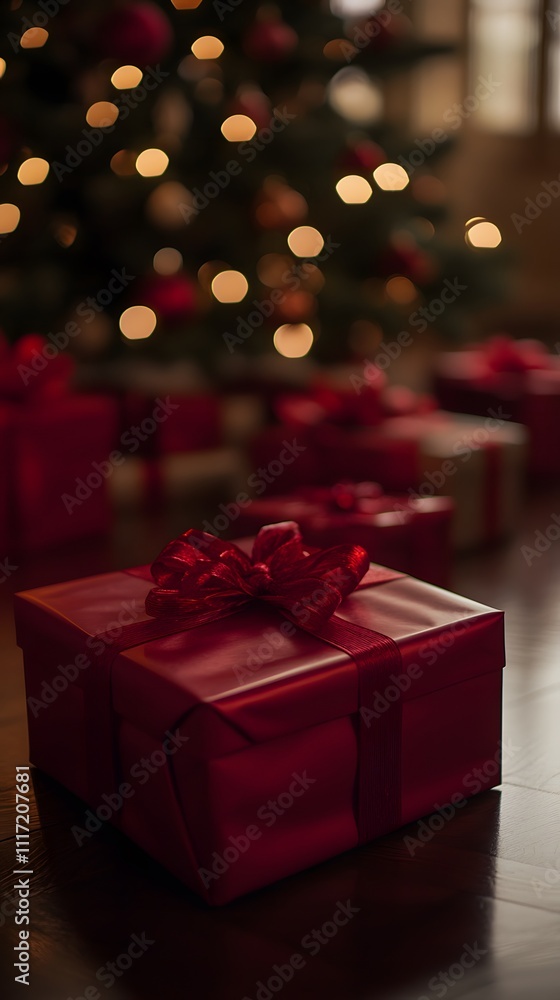 Red gift box with bow in front of a blurred Christmas tree. Red gift box with bow in front of a blurred Christmas tree.
