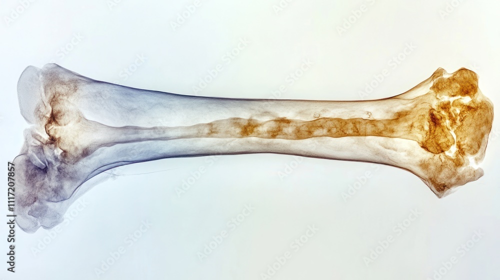 X-ray image showing a long bone, possibly radius or ulna, with subtle textural variations suggesting possible pathology or variations in bone density. X-ray image showing a long bone, possibly radius or ulna, with subtle textural variations suggesting possible pathology or variations in bone density.