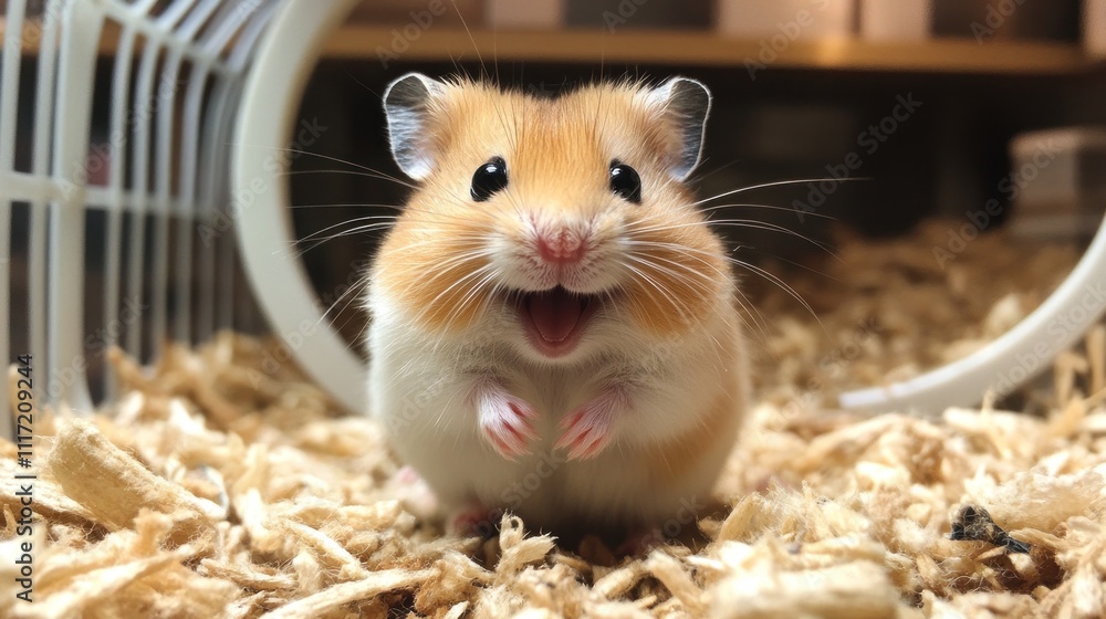 Happy hamster sitting in its cage, smiling. Happy hamster sitting in its cage, smiling.