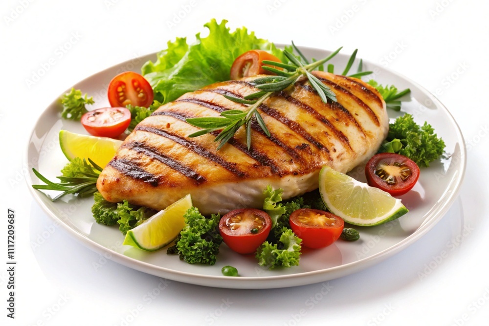 A plate of grilled chicken with vegetables including tomatoes, cucumbers A plate of grilled chicken with vegetables including tomatoes, cucumbers