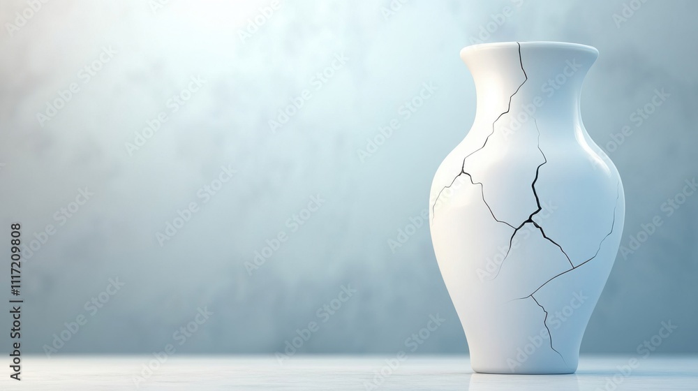 Fragile porcelain vase cracked and slightly tilted on white table,symbolizing vulnerability and fragility in life and relationships Fragile porcelain vase cracked and slightly tilted on white table,symbolizing vulnerability and fragility in life and relationships