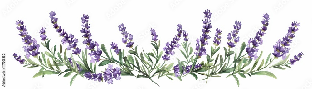 Obraz premium A delicate illustration of lavender flowers arranged in a graceful line, showcasing their vibrant purple hue and lush green leaves.