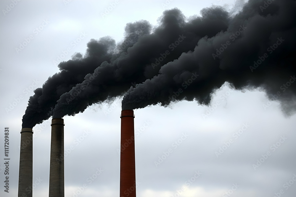 Three industrial smokestacks emitting thick black smoke into a cloudy sky.