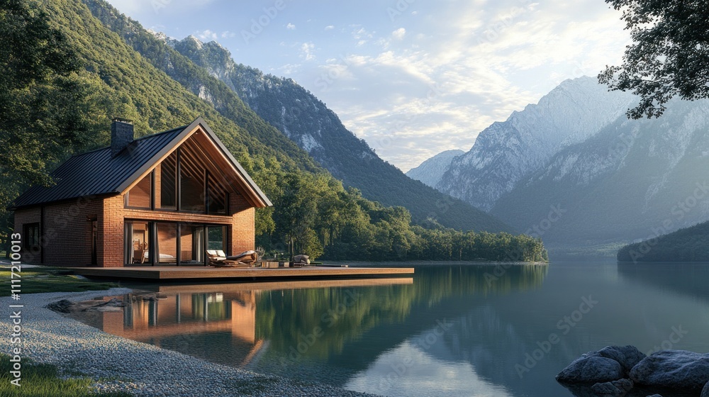 Fototapeta premium Scenic lakeside house surrounded by mountains and trees, reflecting tranquility and nature.