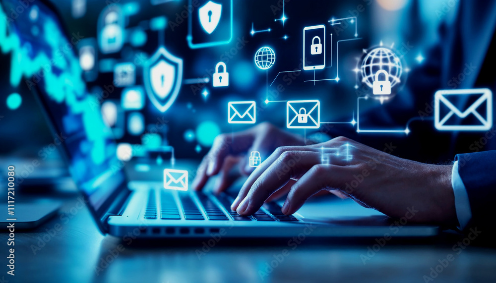 Person typing on a laptop with digital security icons, highlighting the importance of cybersecurity in a professional setting Person typing on a laptop with digital security icons, highlighting the importance of cybersecurity in a professional setting