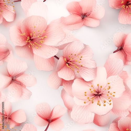 A beautiful arrangement of pink flowers on a white plate, perfect for decorating a table or using as a prop in photography cherry blossoms, seamless pattern, white background Cherry blossoms and saku 