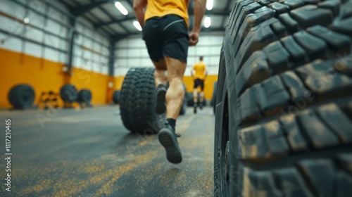 Dynamic Fitness Training Session in Gym Featuring Athlete Pulling Heavy Tires to Build Strength and Endurance in High-Energy Environment with Focus on Performance photo