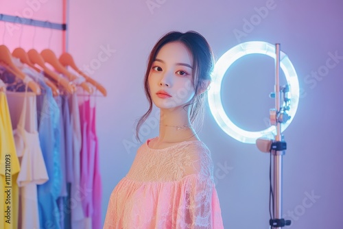 Fashion influencer stylish clothing rack ring light mannequin with lace dress colorful wardrobe photo