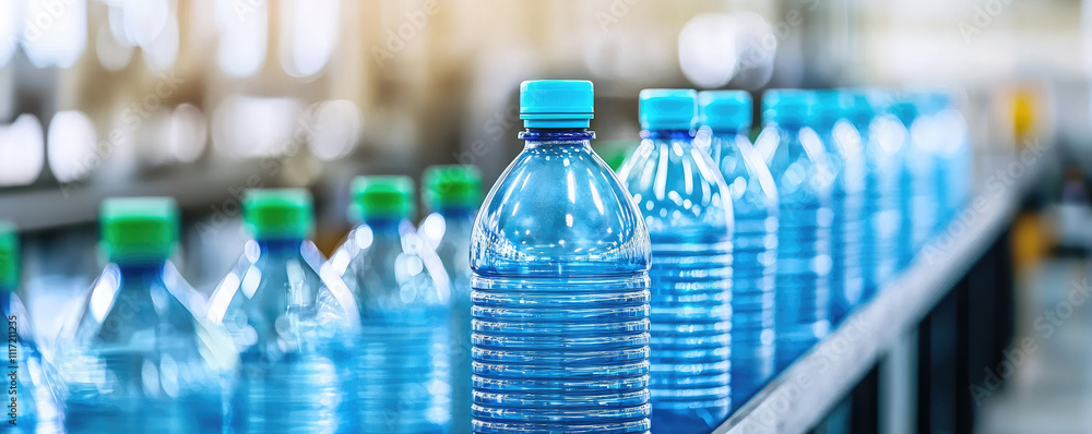 Close-up of bottled water on a production line in a modern manufacturing facility.