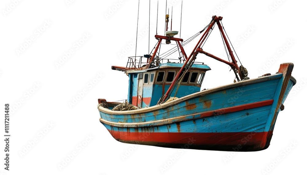 Rustic Fishing Boat with Colorful Hull and Weathered Details Rustic Fishing Boat with Colorful Hull and Weathered Details